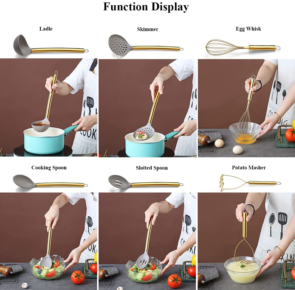 Just Houseware 38 Piece Silicone kitchen Cooking Utensils Set with Utensil Rack, Silicone Head and Stainless Steel Handle Cookware, Kitchen Tools for Utensil Sets, Non-Stick kitchen Gadgets (Gold)