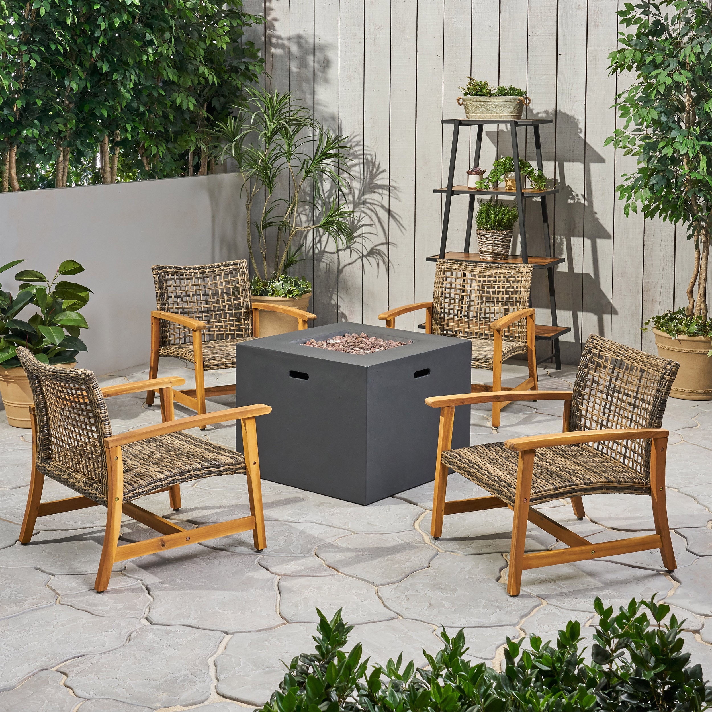 Tabby Outdoor 5 Piece Wood and Wicker Club Chairs and Fire Pit Set