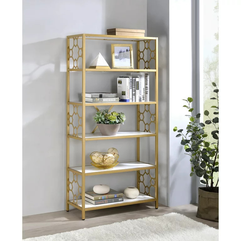 Contemporary Bookcase  Geometric Design  ampOpen Shelves With Glass Panels  Gold   Contemporary   Bookcases   by Decorn  Houzz