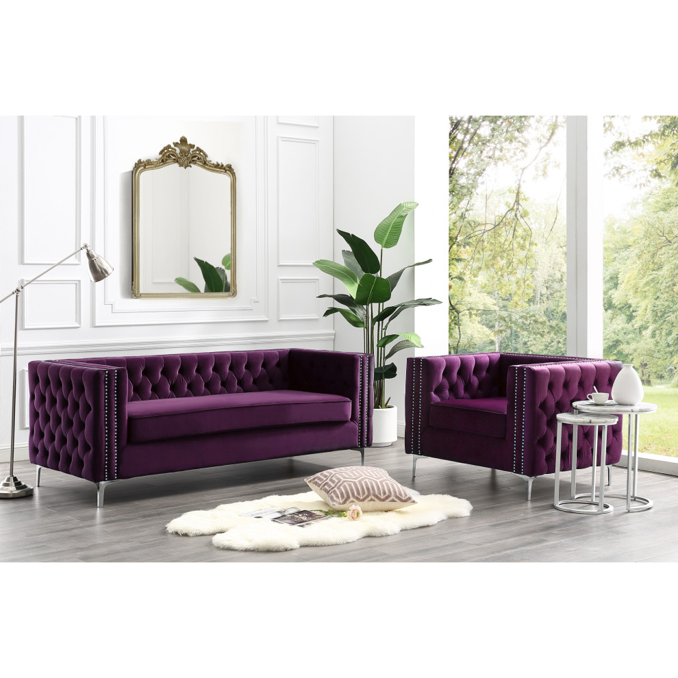 Jeannie Velvet 3 Seat Sofa Button Tufted With Metal Legs   Midcentury   Sofas   by Inspired Home  Houzz