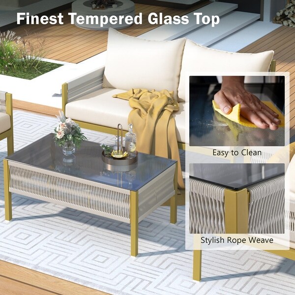 4Pieces Rope Outdoor Furniture Set with Glass Table