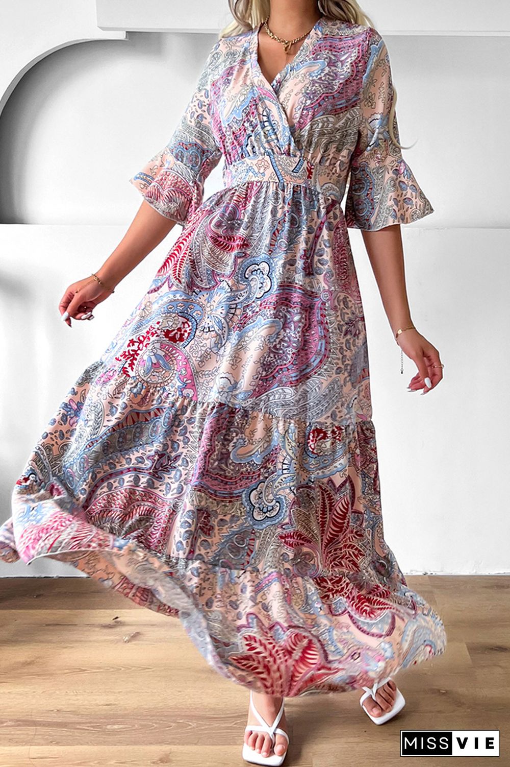 Paisley Floral Print Flare Sleeves Maxi Dress Wholesale