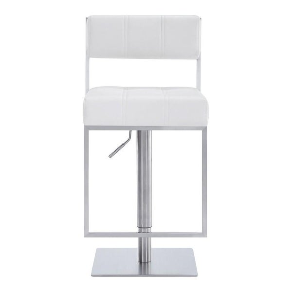 35 Inch Metal and Leatherette Barstool， Silver and White - 35 H x 17 W x 22 L Inches