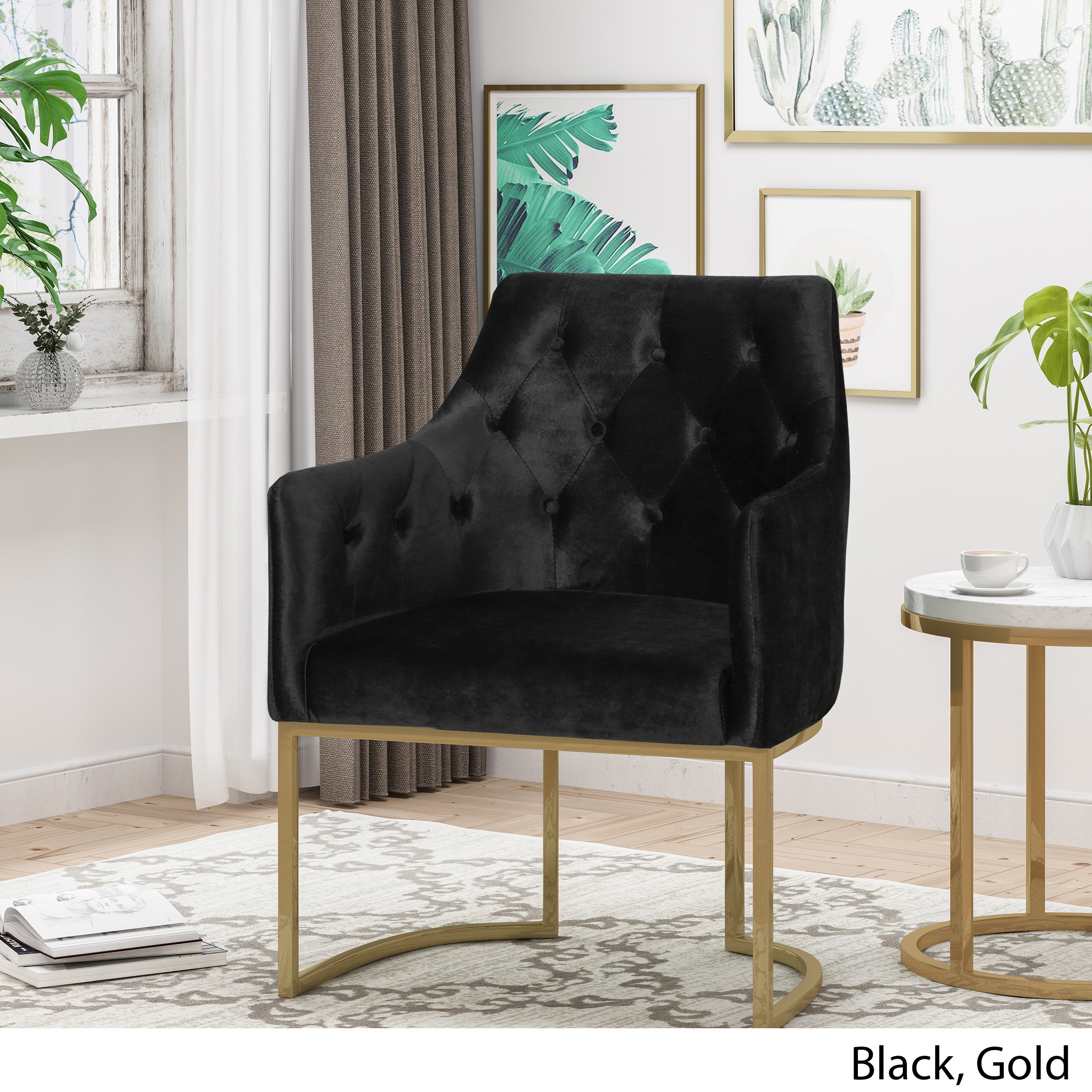 Fern Modern Tufted Glam Accent Chair with Velvet Cushions and U-Shaped Base