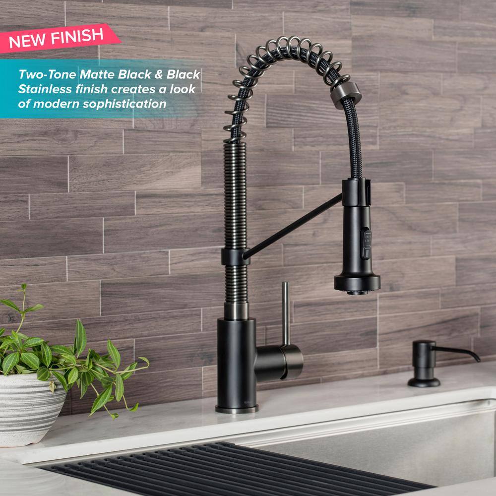 KRAUS Bolden Single-Handle Pull-Down Sprayer Kitchen Faucet with Deck Plate in Matte BlackBlack Stainless KPF-1610MBSB-DP03SB