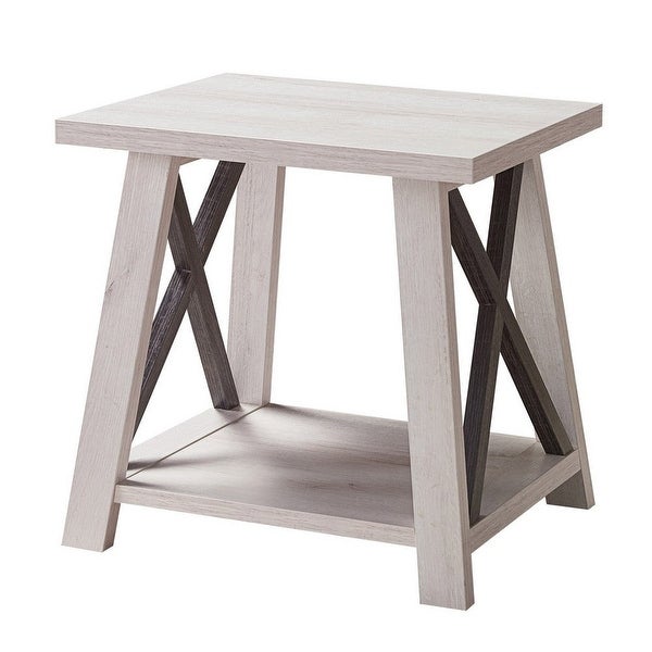 Tess 22 Inch Farmhouse End Table， 1 Shelf， Wood， White Oak， Distressed Grey - 20 L x 22 W x 22 H Inches