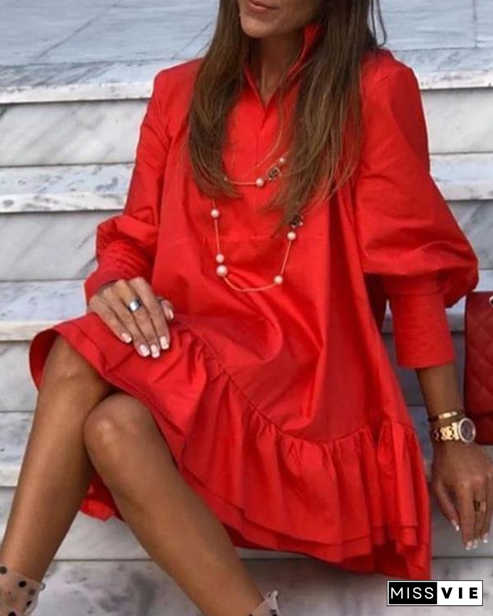 Solid Color Long Sleeve Mini Ruffled Dress