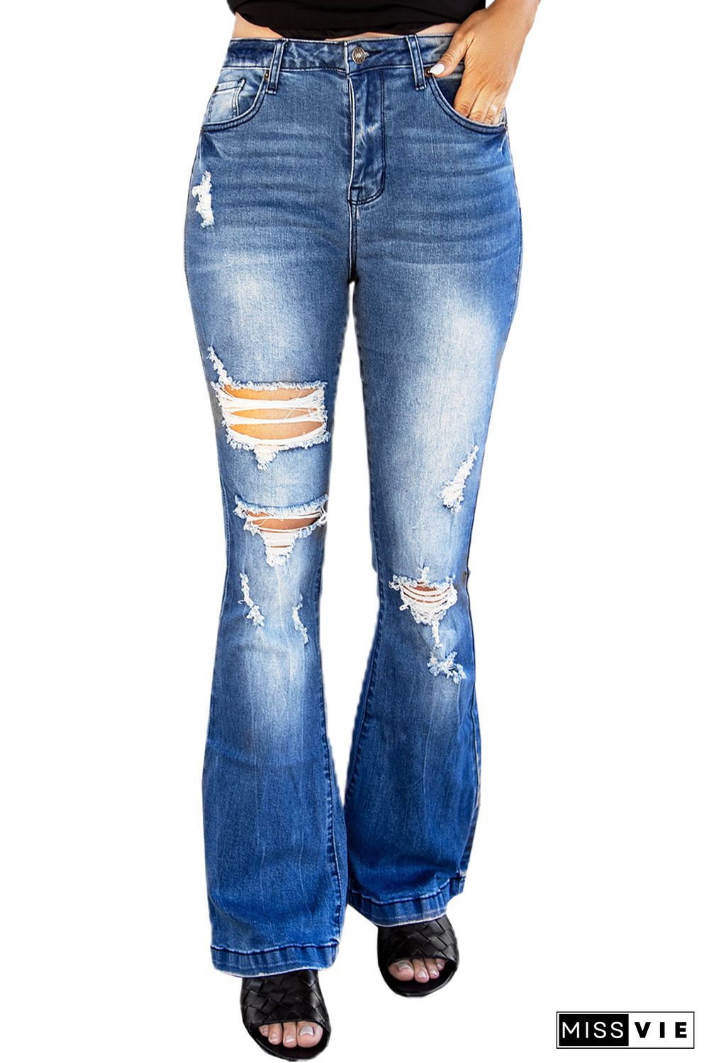 High Waist Distressed Flare Jeans