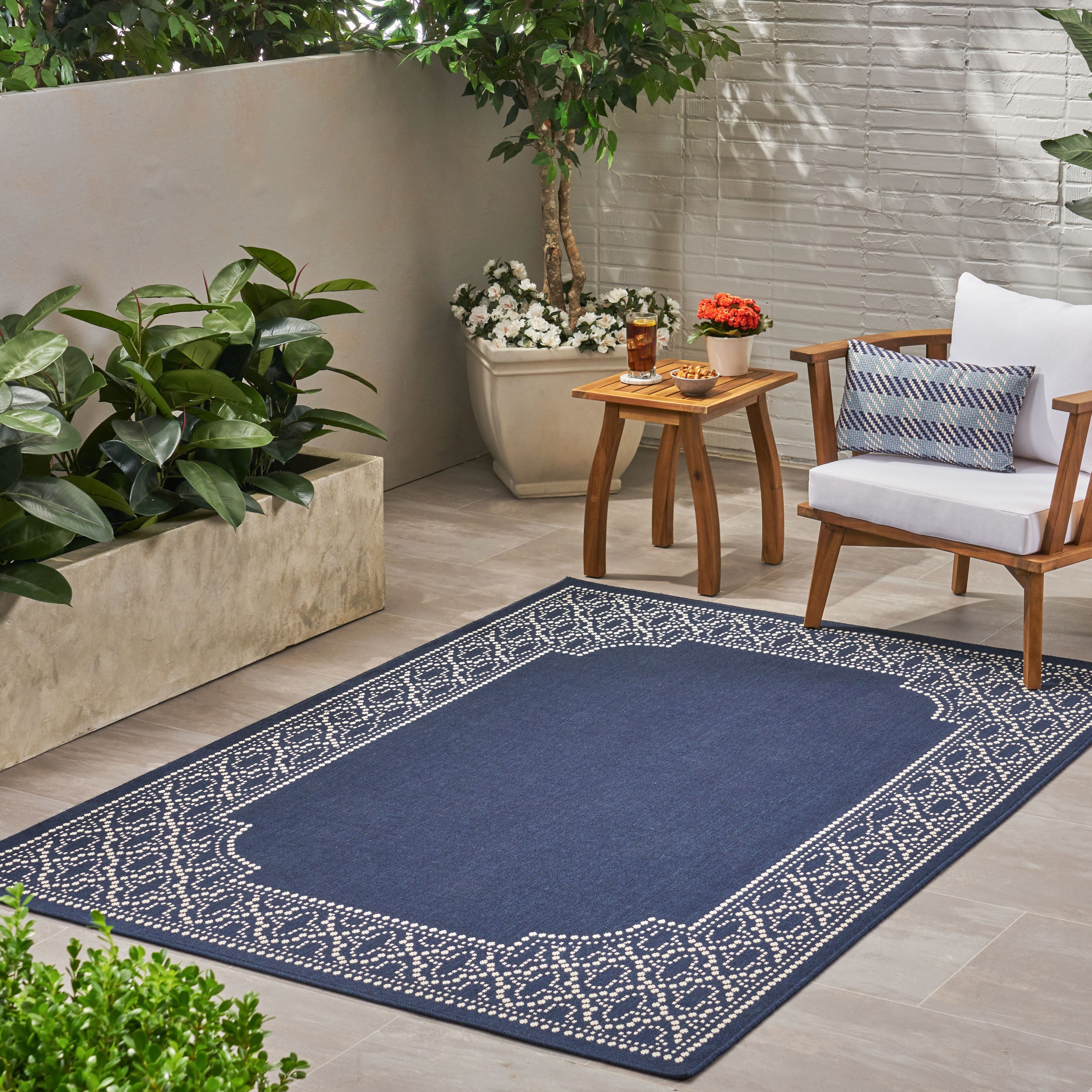 Madeline Outdoor Border Area Rug, Navy and Ivory