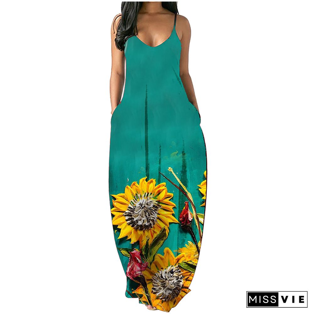 Women Summer Sexy Floral Print Pockets Spaghetti Strap V-Neck Loose Club Party Long Maxi Dresses