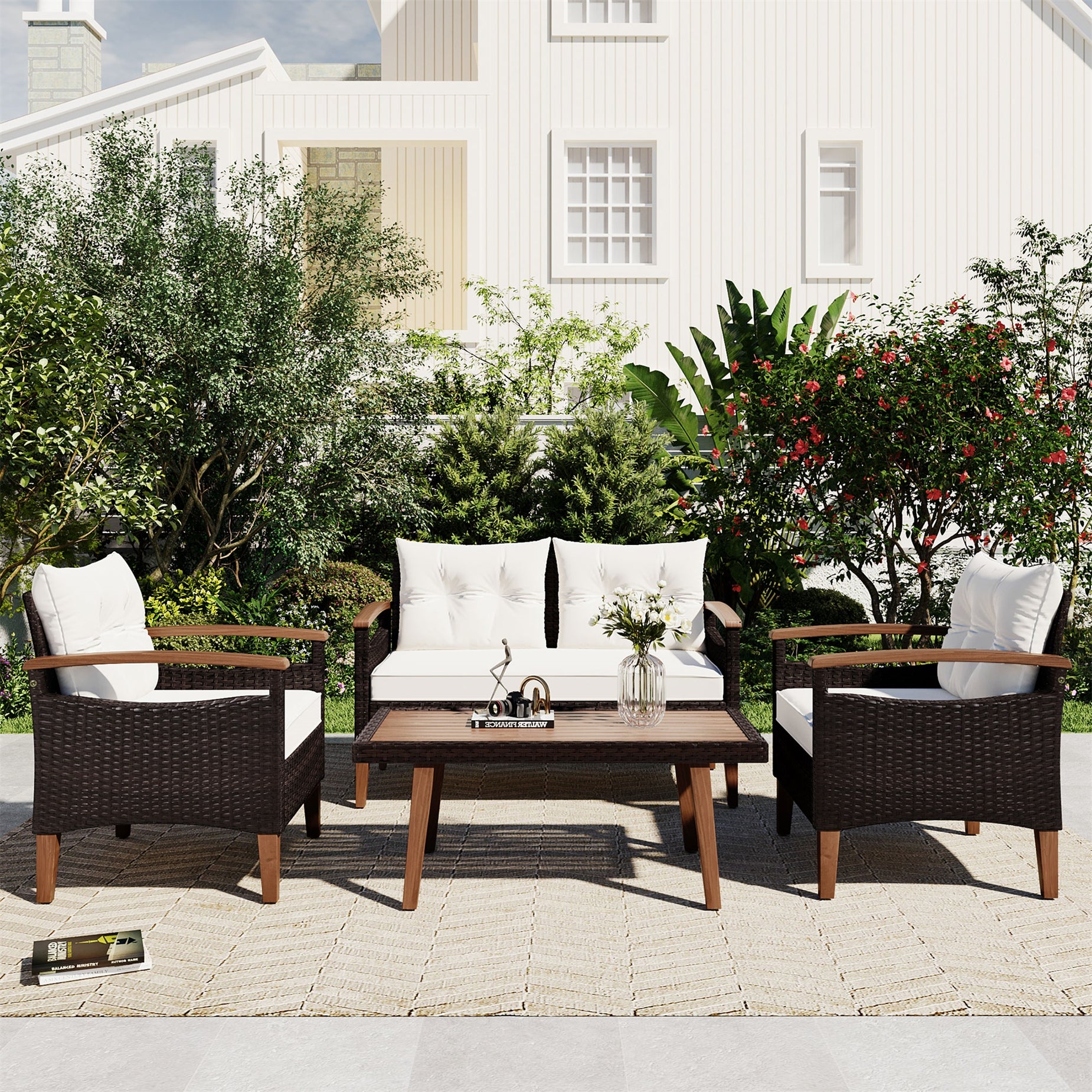 4-Piece PE Rattan Patio Sofa Set， Wood Table and Legs - Overstock - 37510667