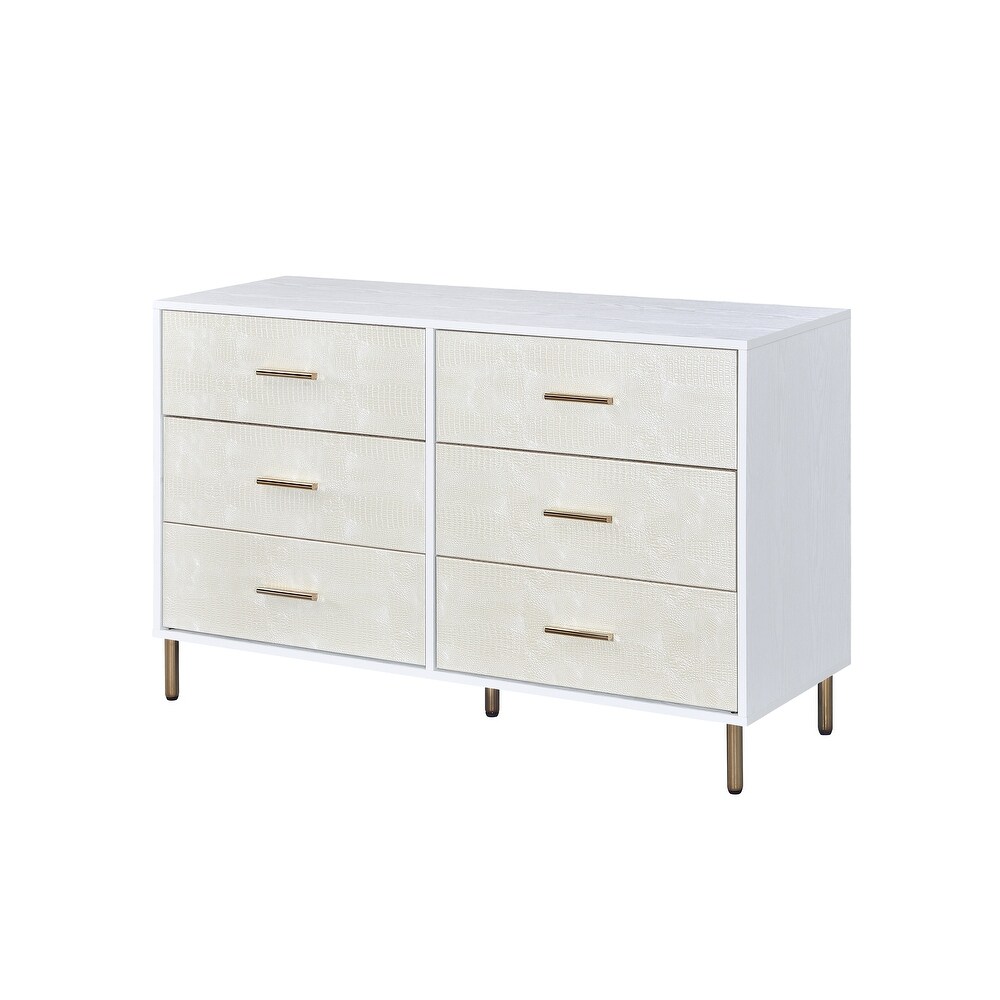 Contemporary Style 6 drawer Dresser  Metal Legs  Faux Crocodile Skin Pattern  2/3 Extension Drawer  Side Metal Glide Drawer