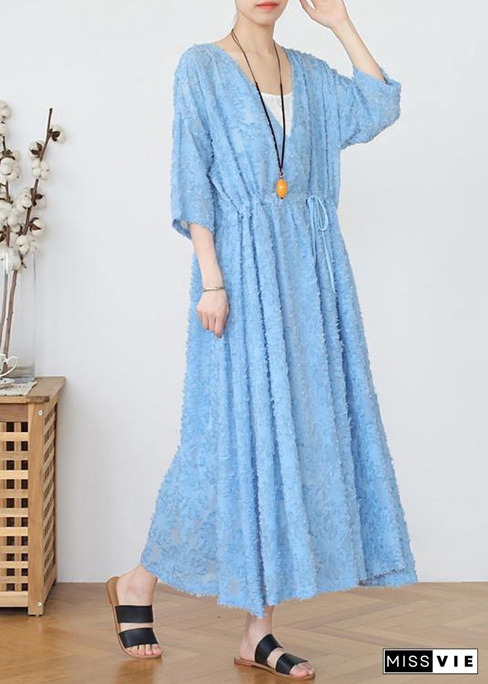 Blue Chiffon Cinched Holiday Dress In Spring Summer