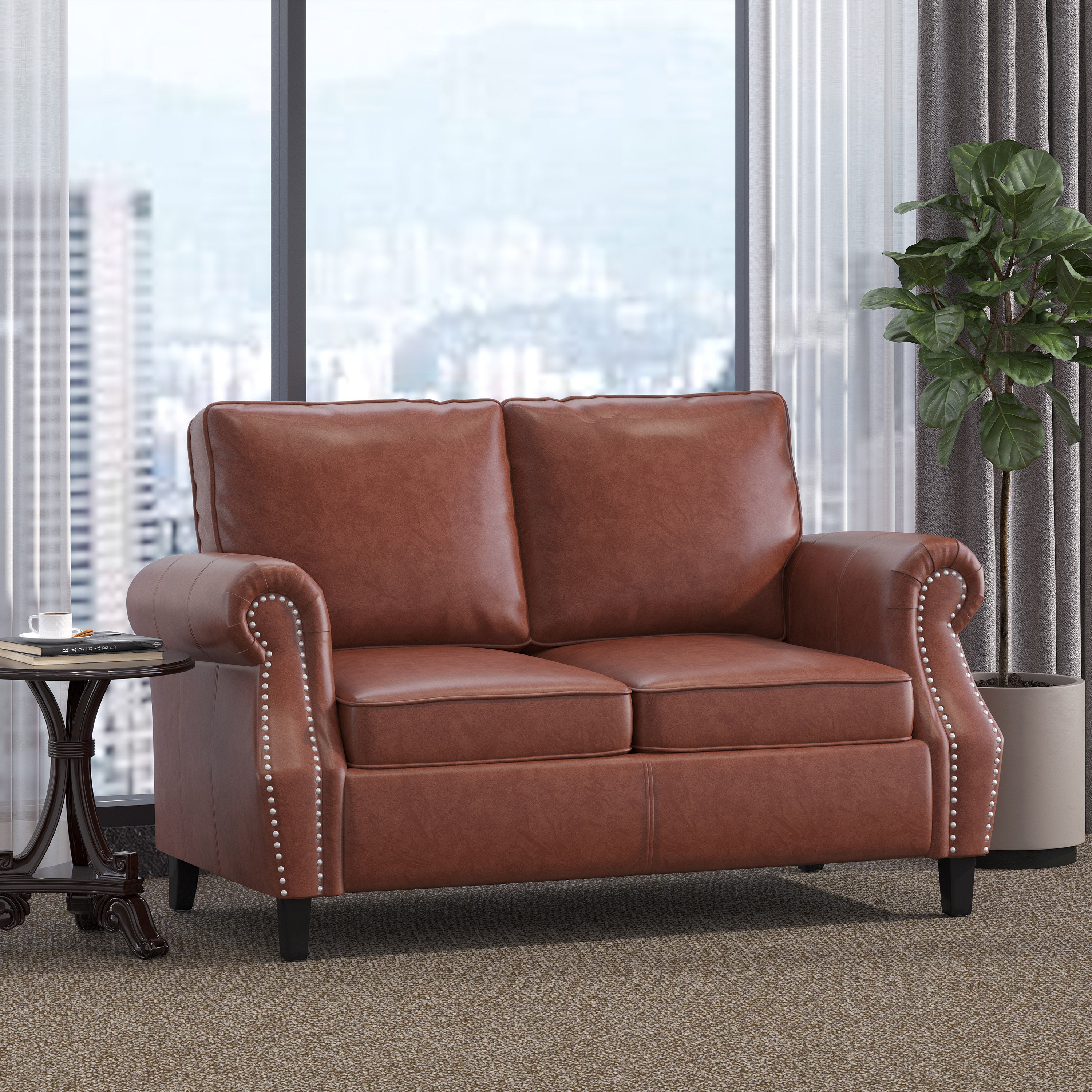 Pochelon Contemporary Faux Leather Loveseat with Nailhead Trim