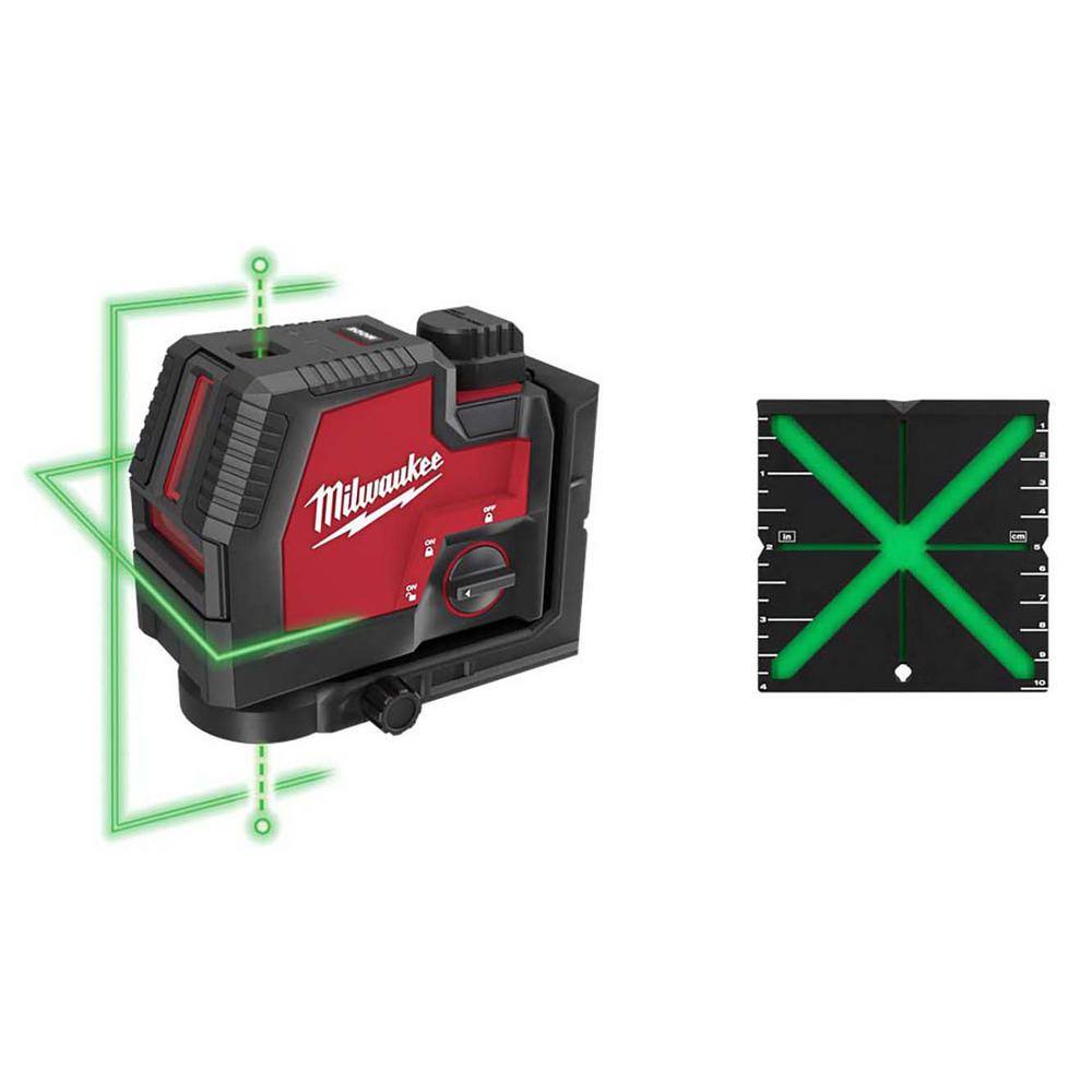 MW Green 100 ft. Cross Line and Plumb Points Rechargeable Laser Level with REDLITHIUM Lithium-Ion USB Battery and Target 3522-21-48-35-1111