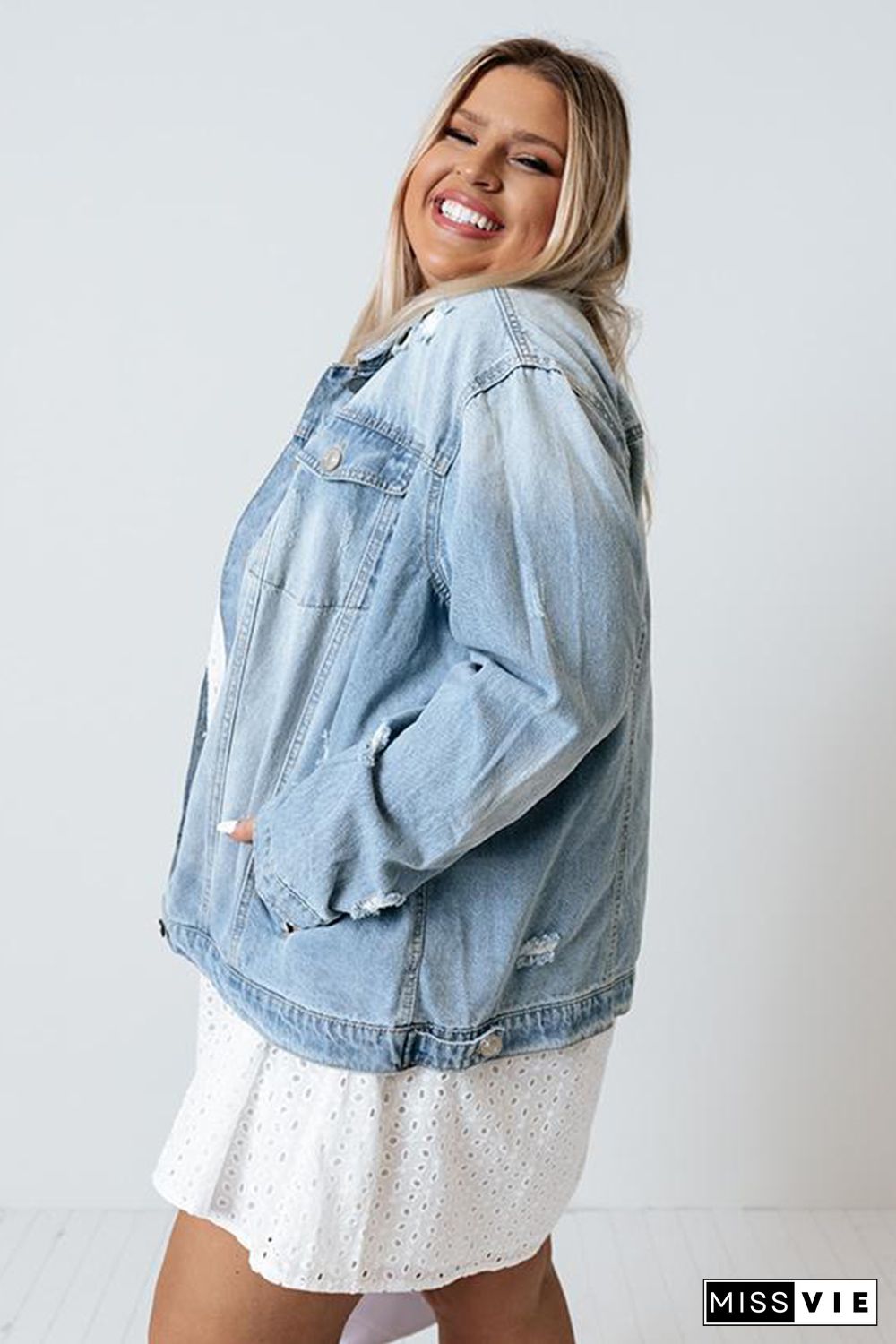 Light Blue Plus Size Washed Pocketed Denim Jacket