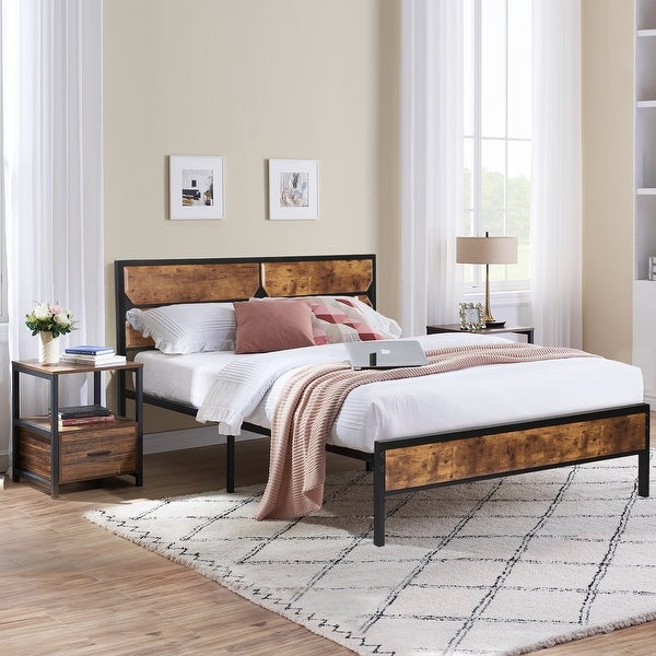 Taomika Industrial 3-pieces Bed with Wood Headboard and Square Nightstands Set - - 35162736