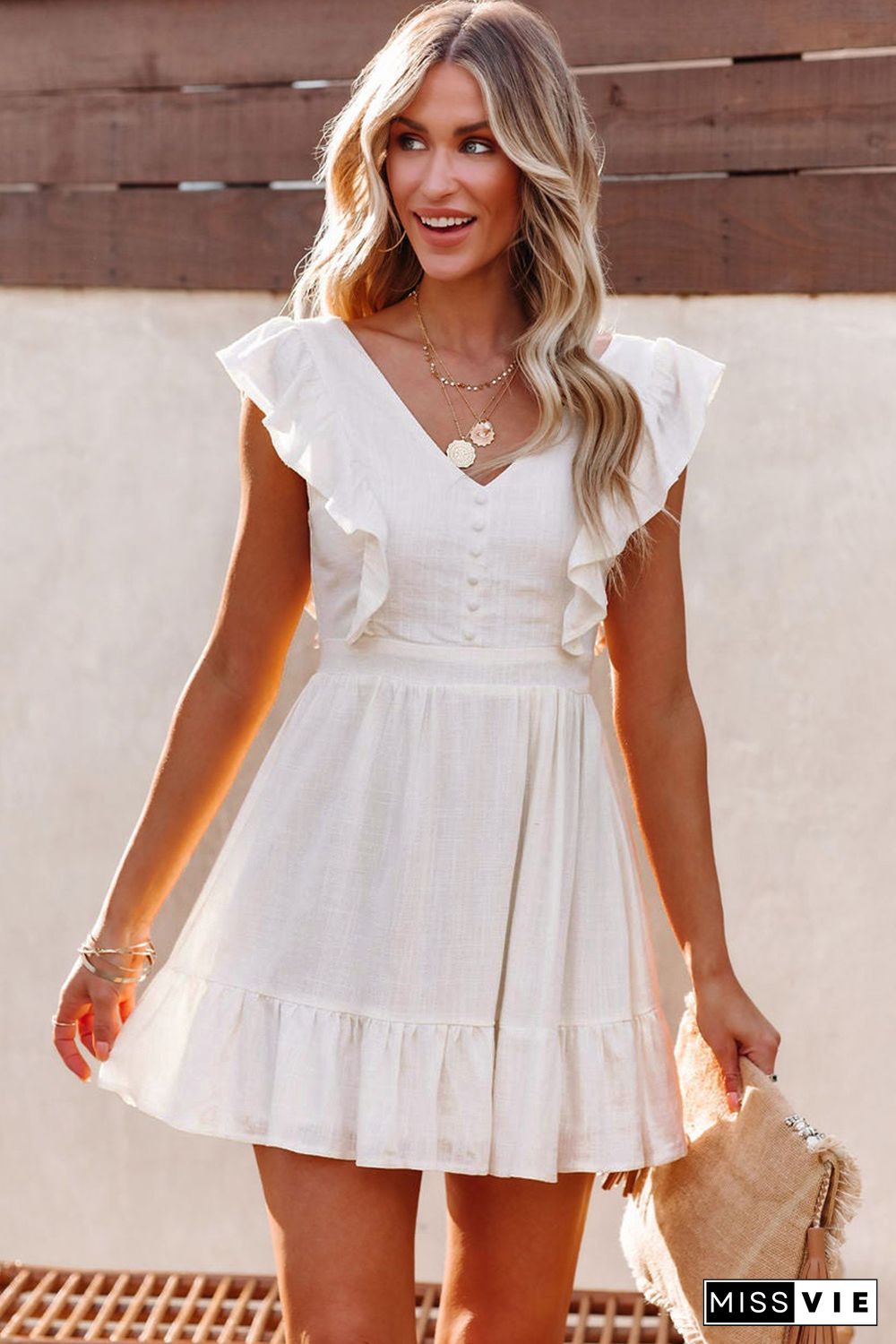 White V Neck Ruffles Open Back A-line Mini Dress