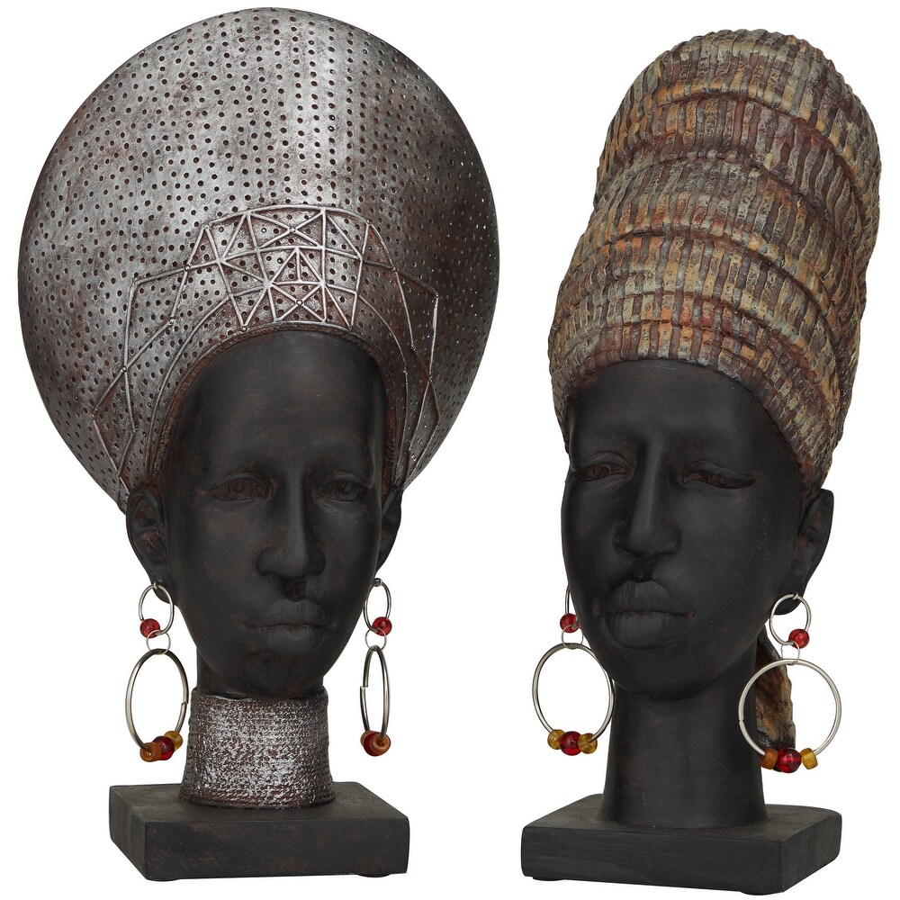 Black Polystone African Woman Sculpture (Set of 2)   5.70W x 7.40L x 12.90H