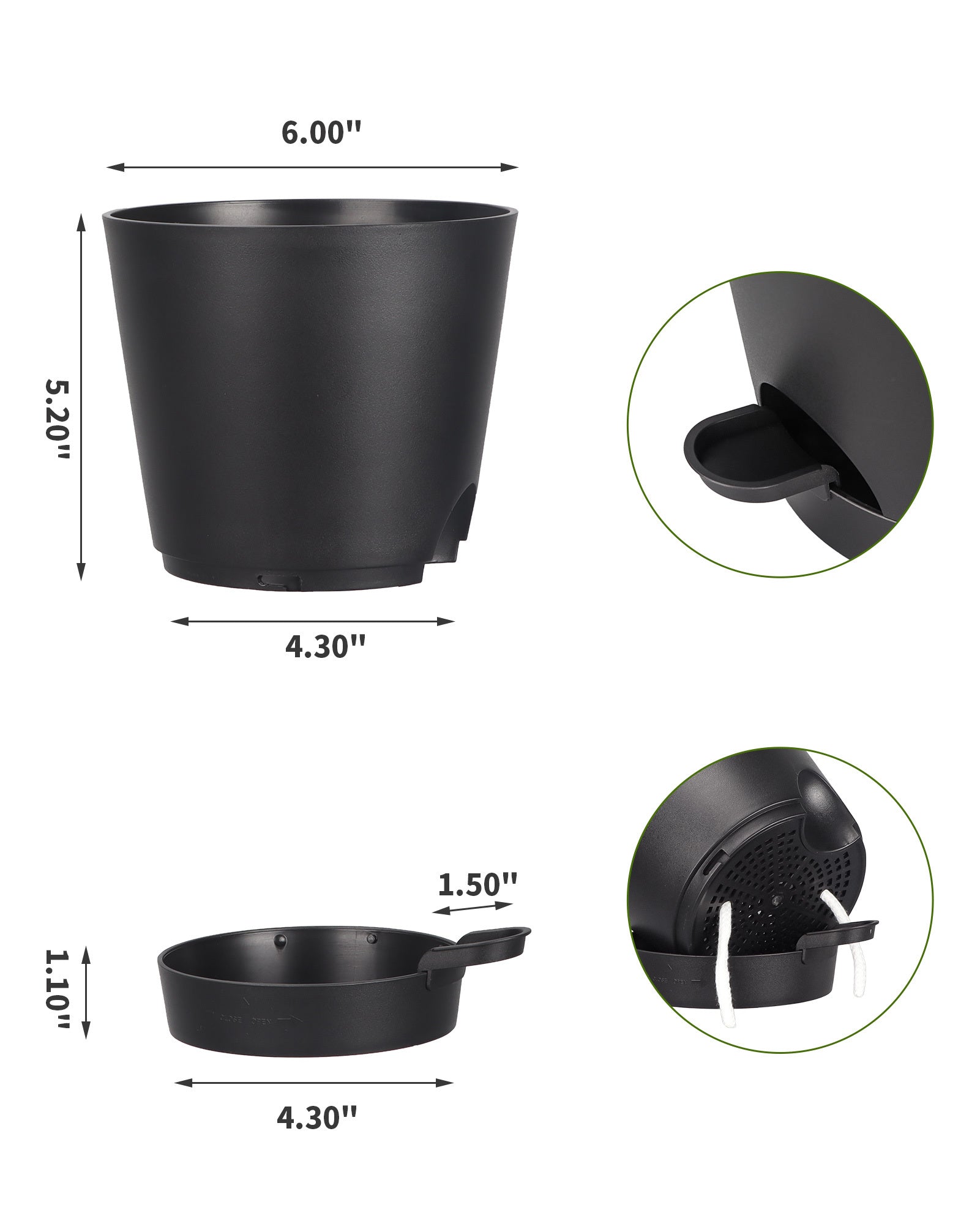 6 Inch Plant Pots Set of 6, Plastic Planter with Drain Holes and Removable Base, Black Flower Pot with Watering Lip for Indoor Outdoor House Plants