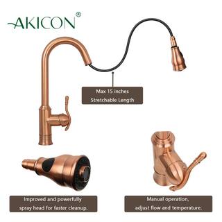 Akicon Single-Handle Pull-Down Sprayer Kitchen Faucet in Copper AK415C