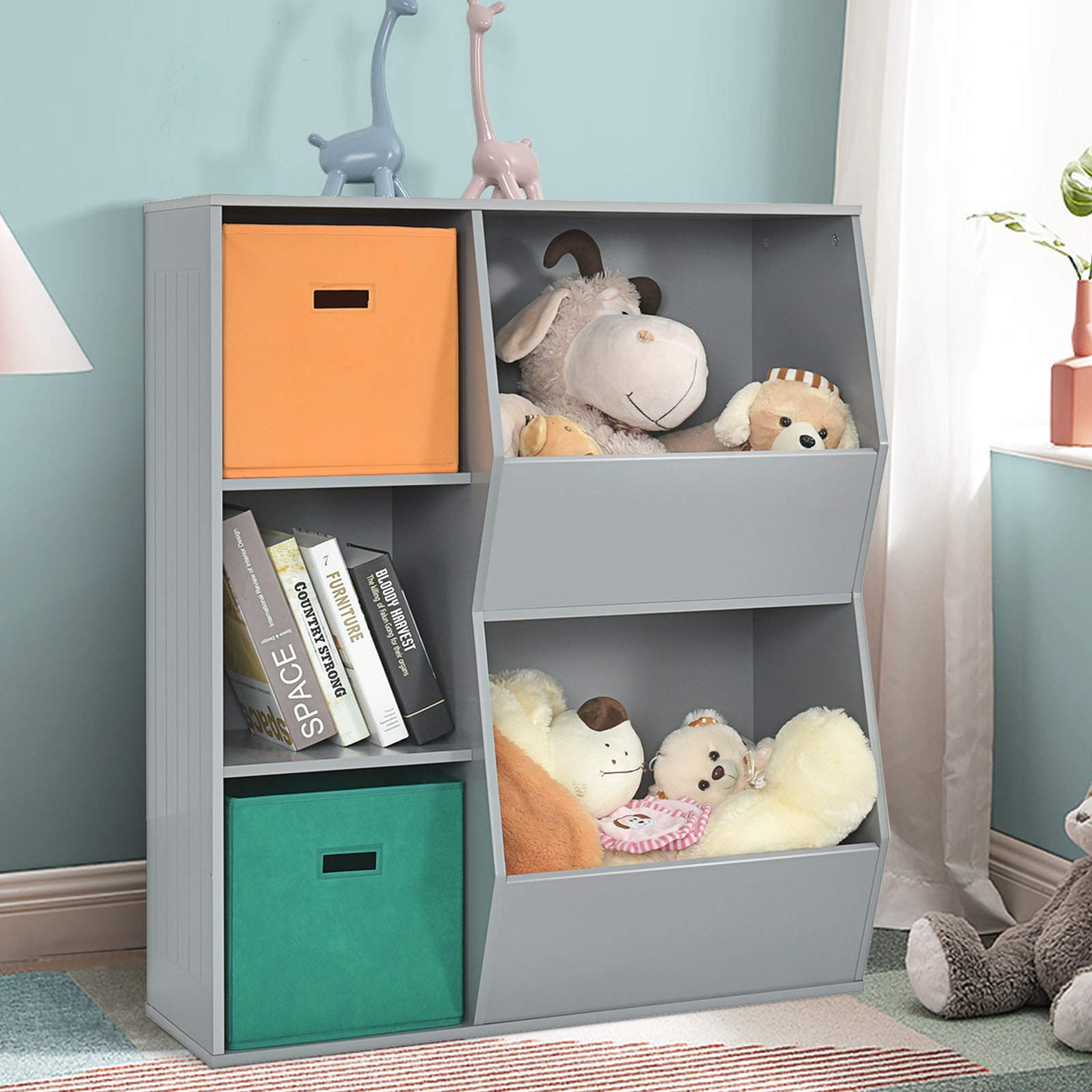 Costzon 5 Cubbies Kids Toy Storage Organizer with Bookcase