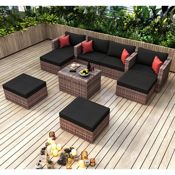 10 Pieces Outdoor Sectionals Sofa Patio Garden Brown Wicker Conversation Set with Black Cushions and Red Pillows for Poolside - Overstock - 37846946