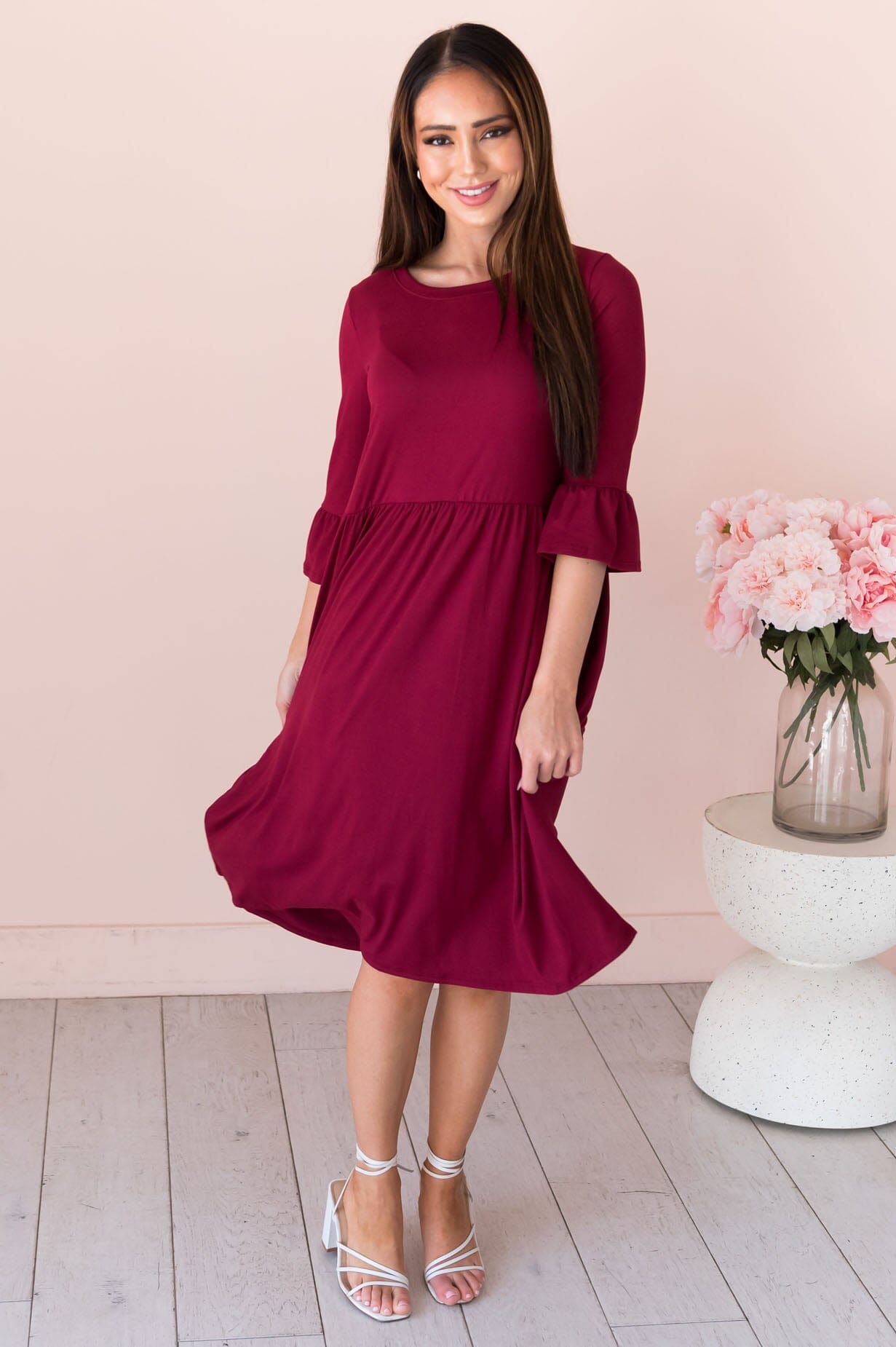 Zadie burgundy bell-sleeved crew neck gown