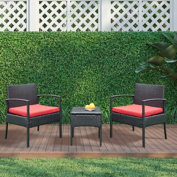 Outdoor Furniture 3 Piece Patio Bistro Furniture Set，Rattan Conversation Chairs Set with Side Table and Cushions