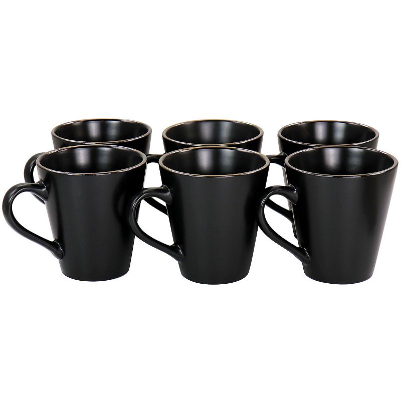 Elama Paul 6 Piece Stoneware Mug Set in Matte Black with Gold Rim