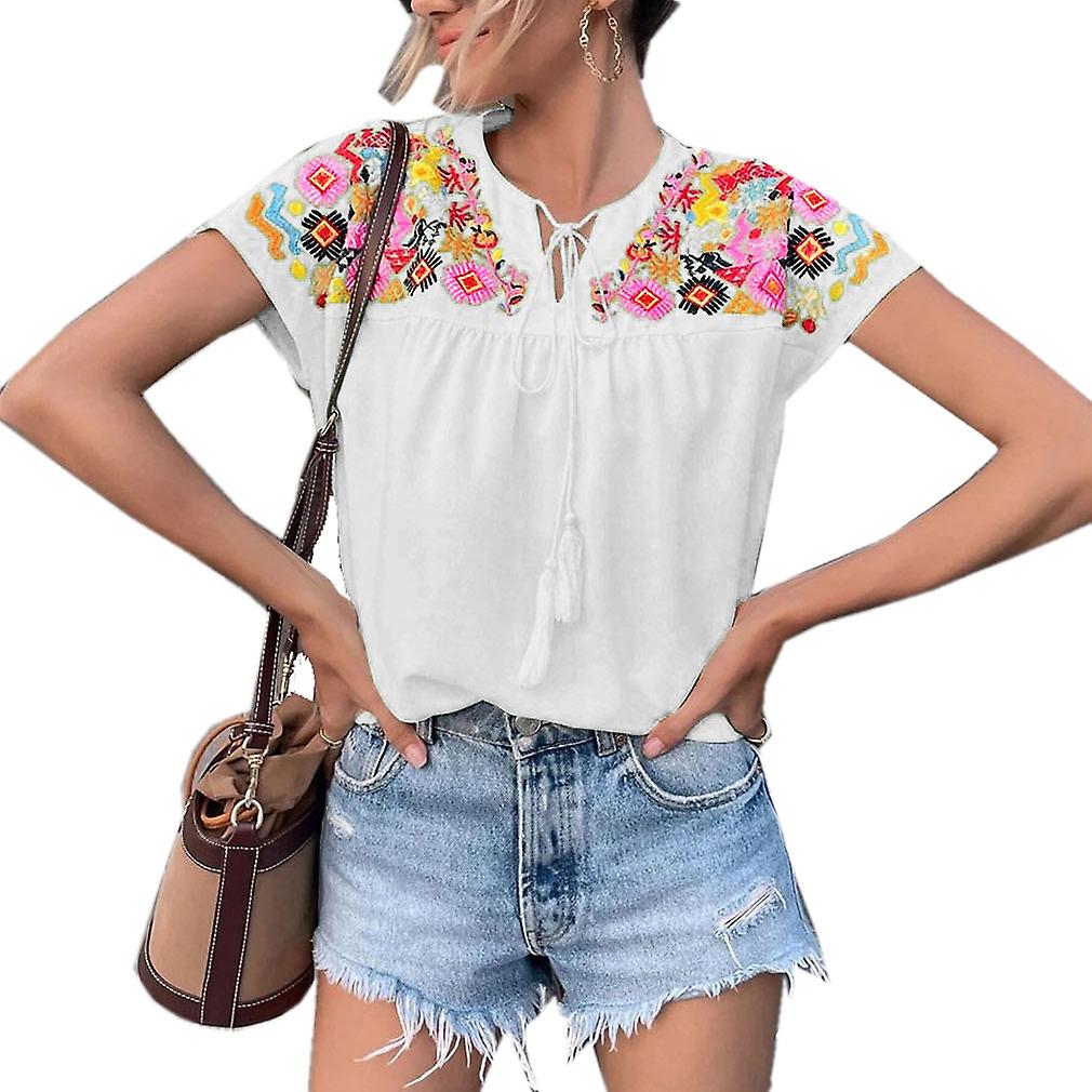 Women's Summer Casual Boho Tops Floral Short Sleeve Blouses