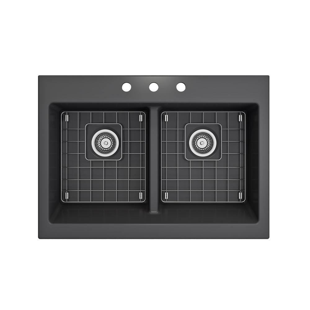 BOCCHI Nuova Matte Dark Gray Fireclay 34 in. Double Bowl Drop-In Apron Front Kitchen Sink with Protective Grids and Strainers 1501-020-0127