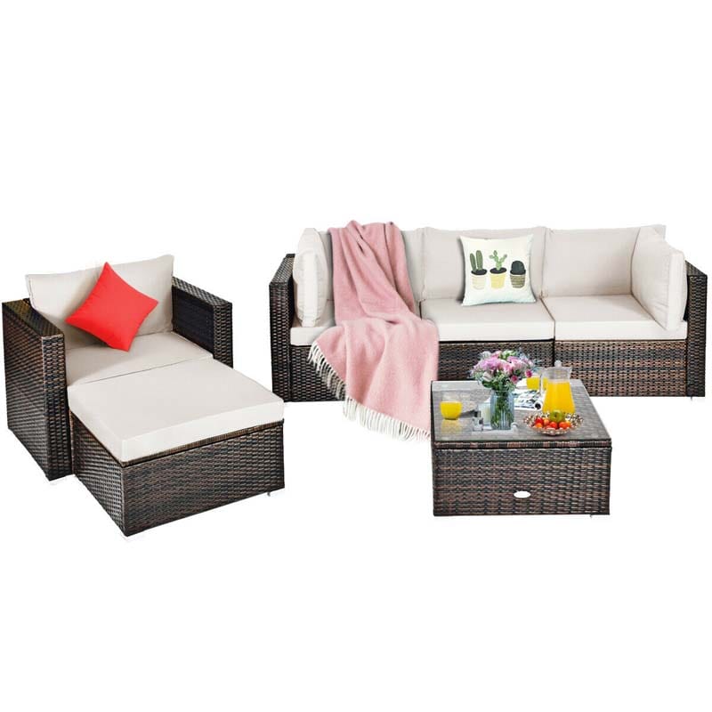 6 Pcs Patio Rattan Sectional Furniture Set Outdoor Conversation Sofa Set with Cushions