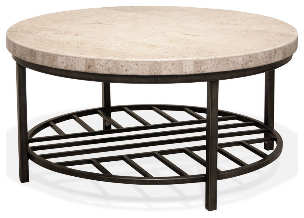 Elegant Coffee Table  Metal Base With Grid Shelf  Genuine Travertine Stone Top   Transitional   Coffee Tables   by Declusia  Houzz