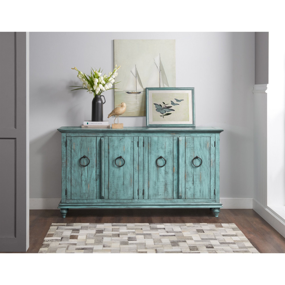 Rustic TV Console  Pine Wood Frame With Rough Saw Marks  Ring Pulls  Turquoise   French Country   Entertainment Centers And Tv Stands   by Declusia  Houzz