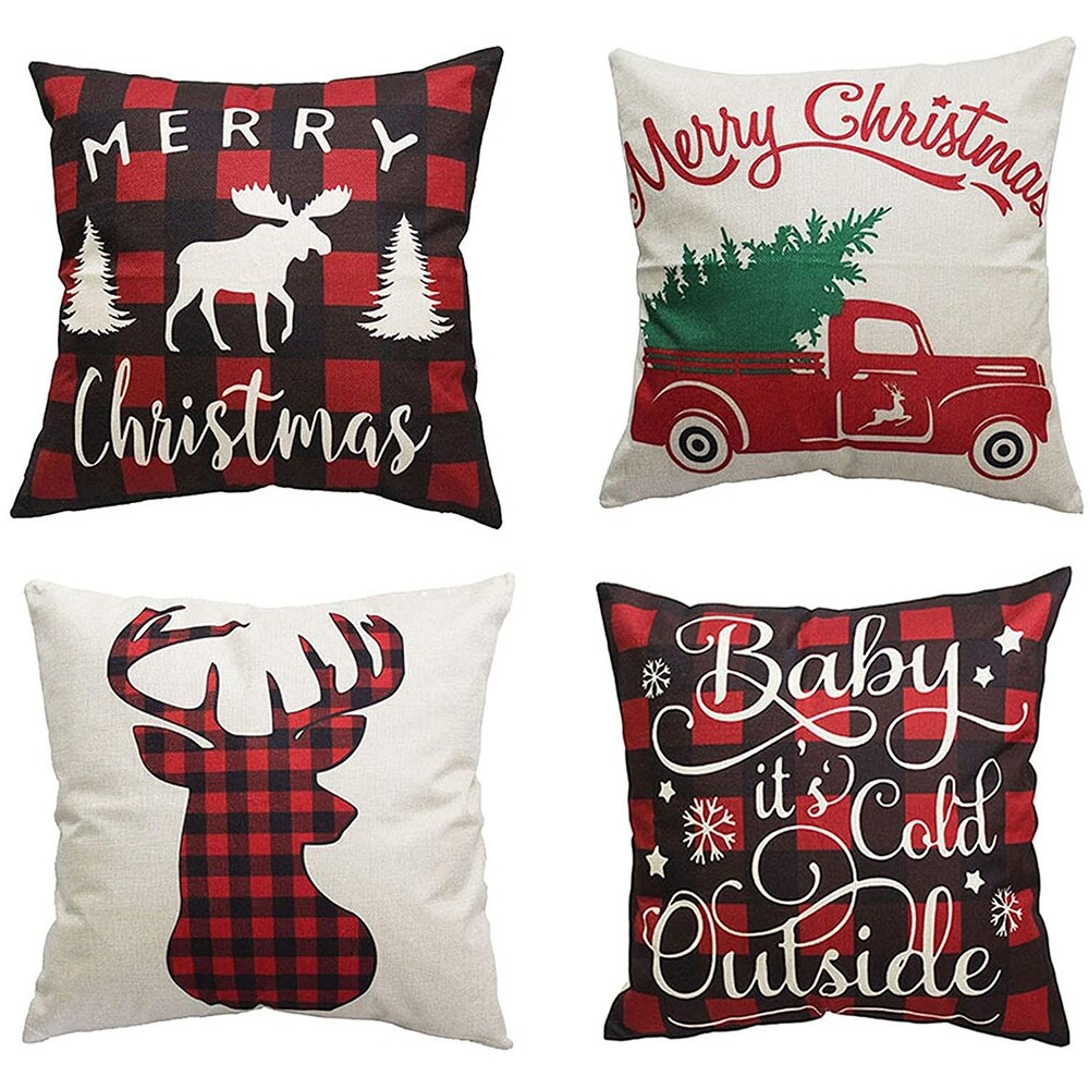 Cotton Linen Winter Deer Pillow Covers Set of 4 Christmas Decor Throw Pillow Covers Cushion Cover 18 X 18   Multi color   Medium