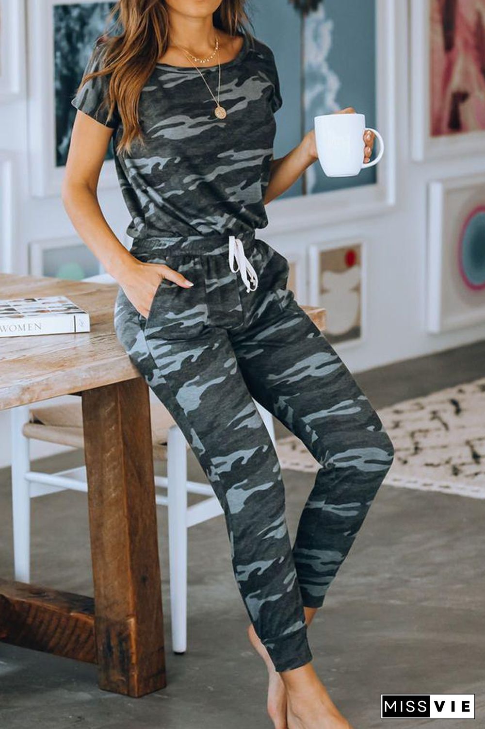 Camouflage Drawstring Off The Shoulder Jumpsuit