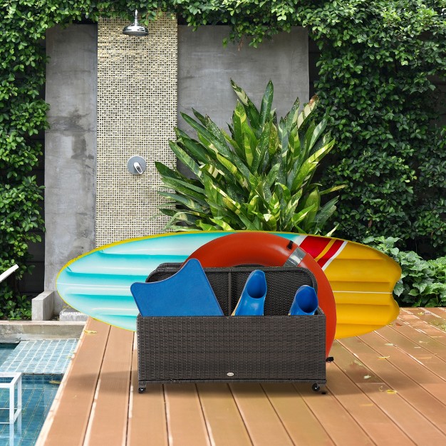 Outsunny Patio Wicker Pool Float Storage Basket Outdoor Pe Rattan Pool Caddy W Rolling Wheels For Floats Noodles Paddles Balls Towels Accessories