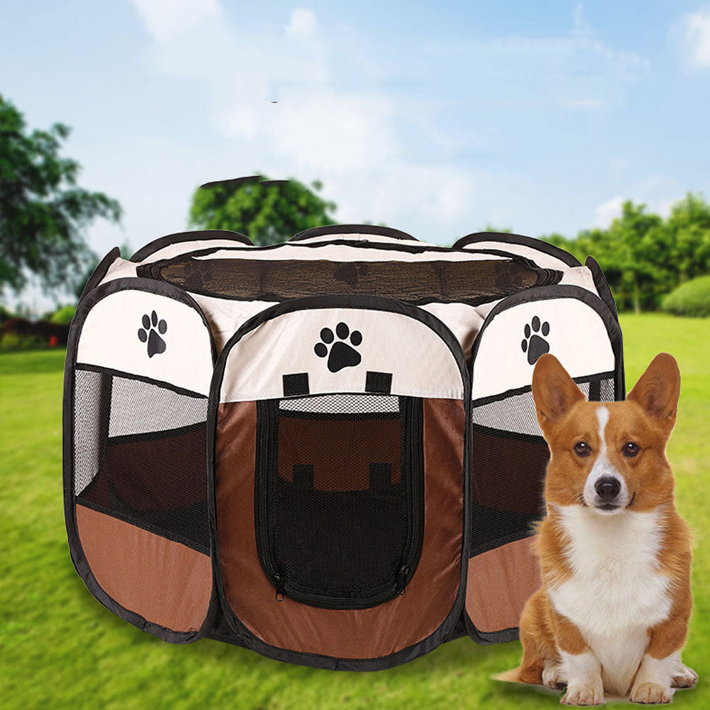 Outdoor Portable Pet Fence Playpen Puppy Kennel Octagonal Cage Cat Dog House Pet Delivery Room Pet Tent COFFEE