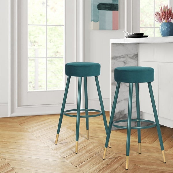 Adeco Velvet Bar Stools， Set of 2 Round Upholstered Breakfast Stools Footrest - 20.5