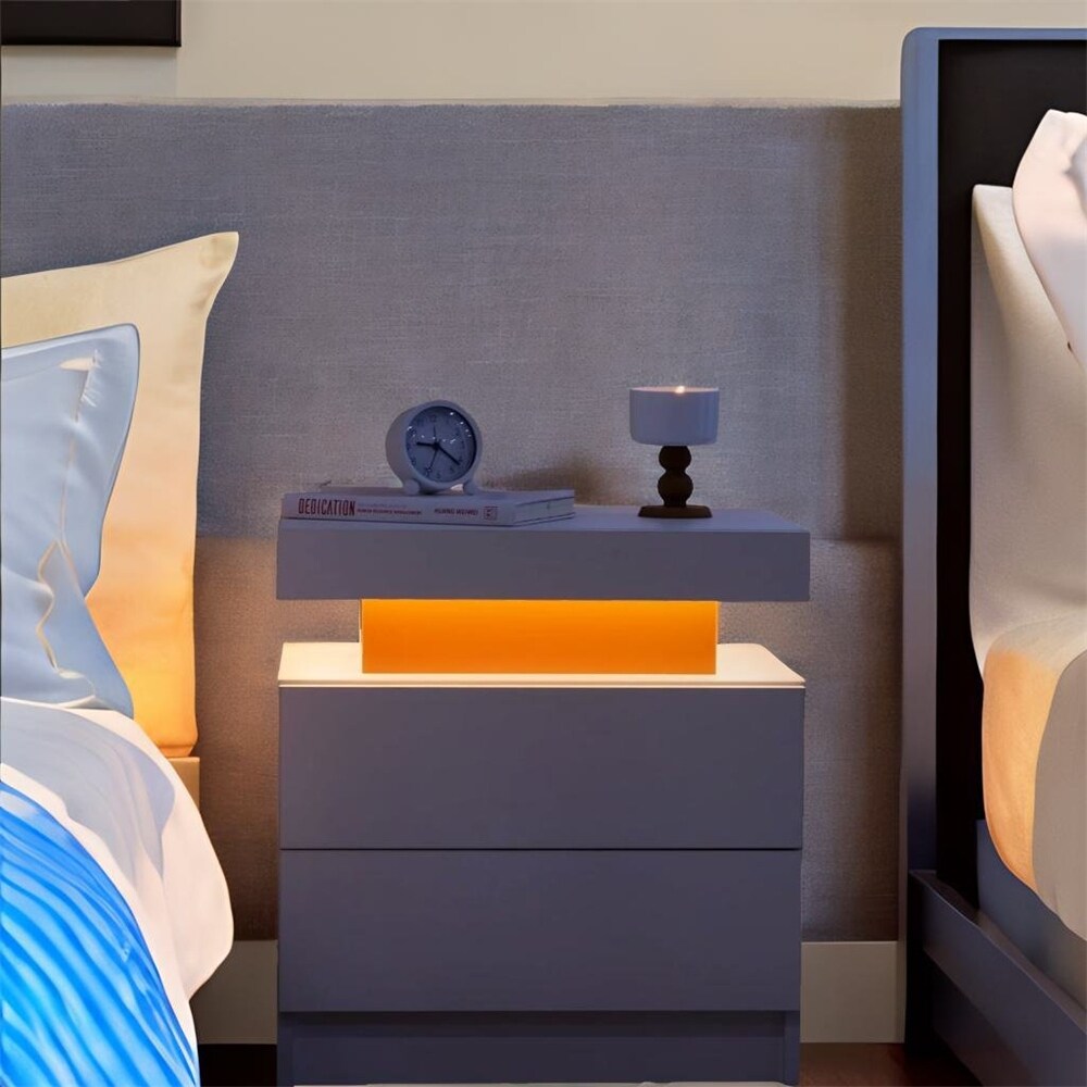 Modern Wood LED Nightstand with 2 Drawers