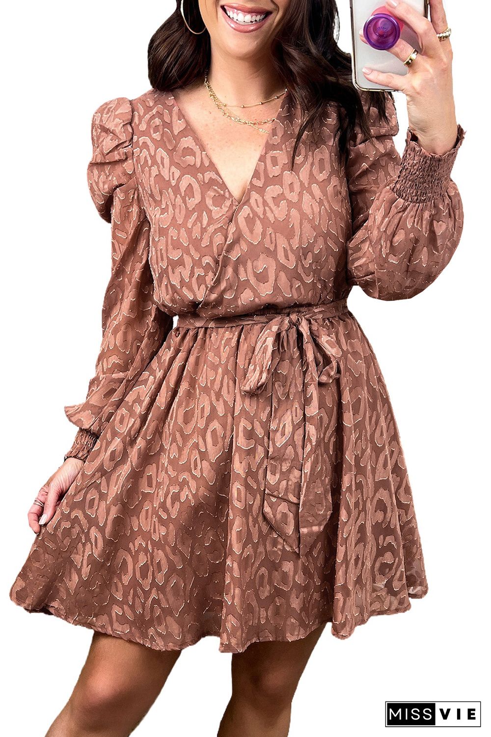 Jacquard Animal Print Surplice V Neck Short Dress