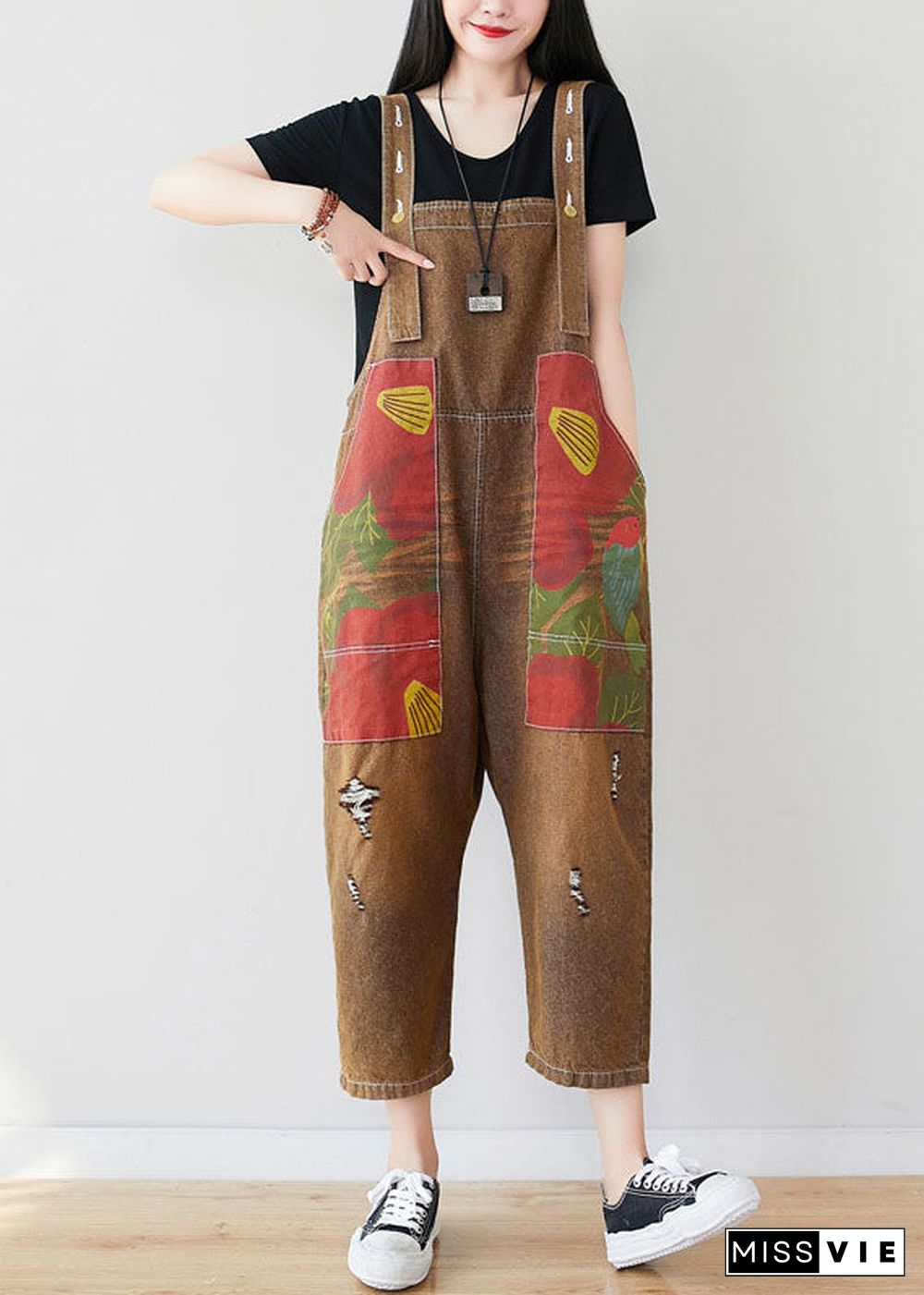 Chocolate Patchwork Print Jumpsuit Pants Ripped Denim Spring