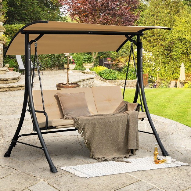 Costway 3 seat Outdoor Porch Swing Adjustable Canopy Padded Cushions Steel Frame Beige black brown