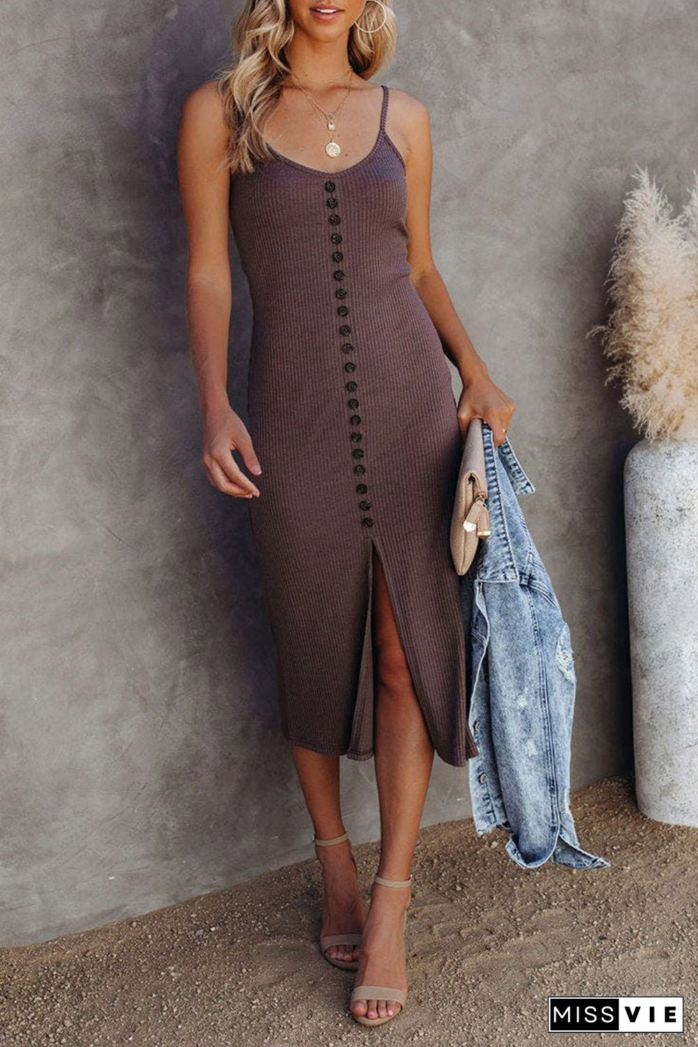 Brown Buttoned Ribbed Knit Sleeveless Midi Dress with Slit