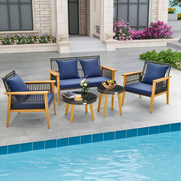 Costway 5pcs Outdoor Rattan Woven Conversation Set Stable Acacia Wood Frame For Backyard Navy beige