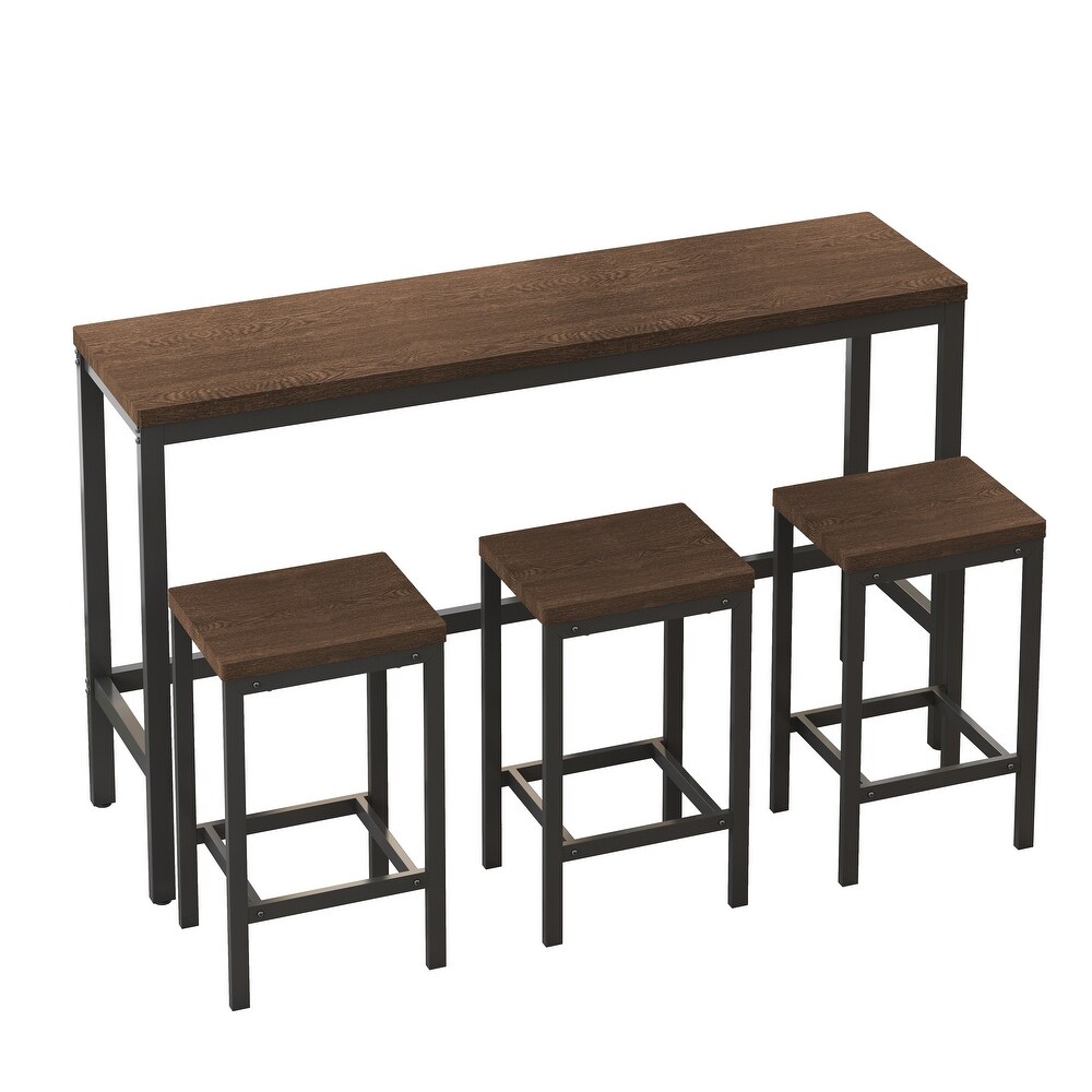 4 Piece Counter Height Long Dining Table Set with 3 Stools   Footrest  Kitchen Dining Table Pub Table Set  Dark Brown