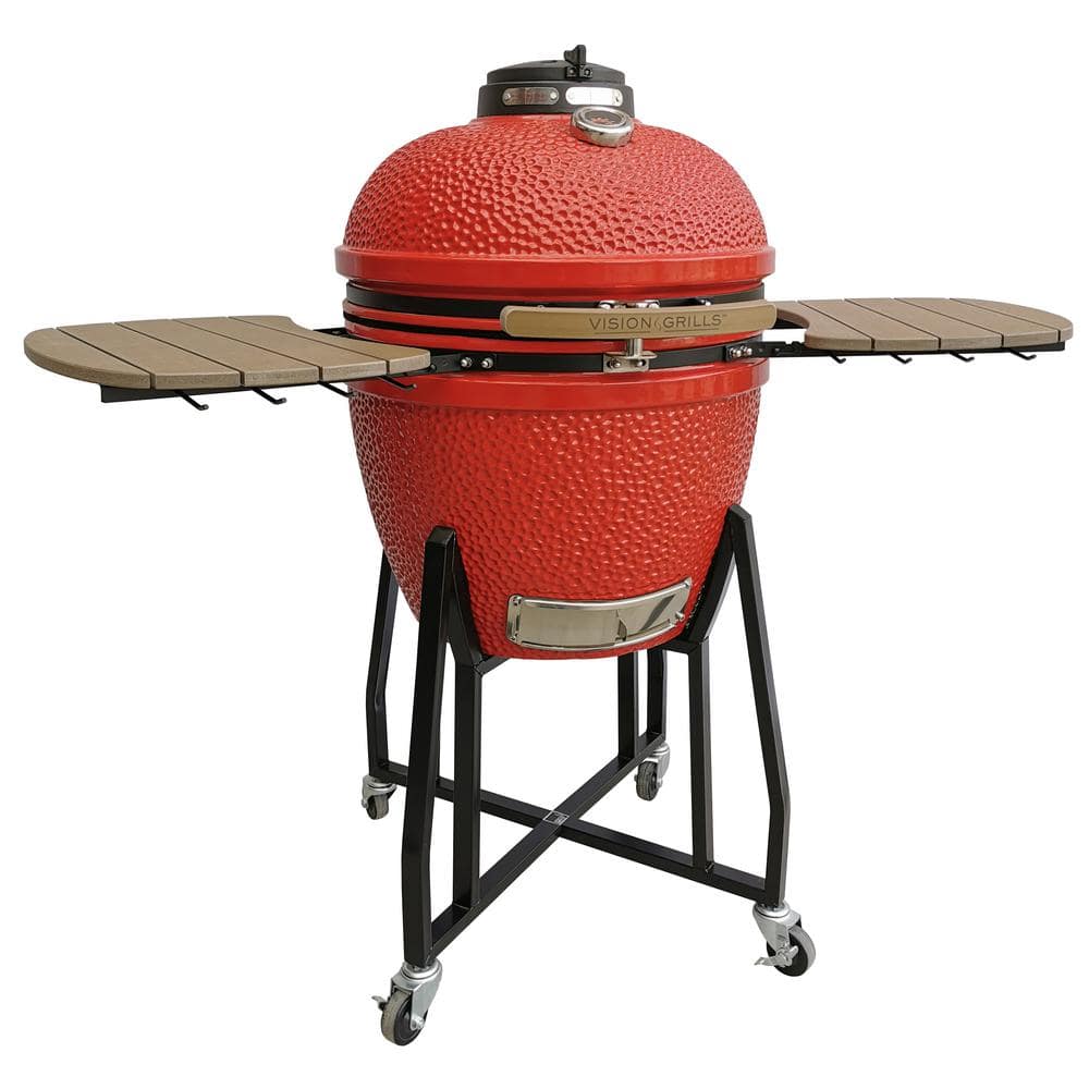 Vision Grills 22 in. Kamado HD Series Ceramic Charcoal Grill in Red with Side Shelves with Accessory Hooks, Cart and Cooking Grate B-R2C2AX-S