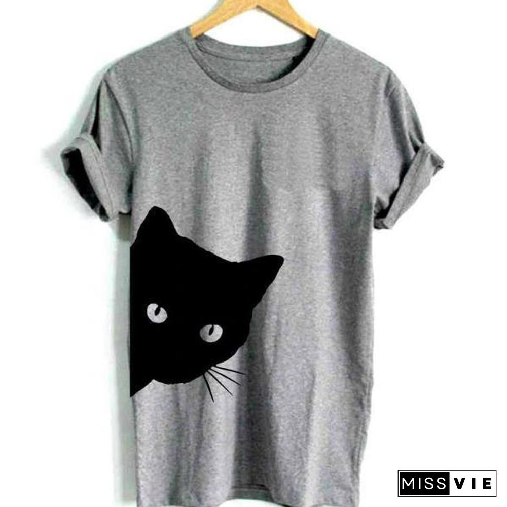 Cat Looking Print Women T-Shirt Cotton Casual Top Tee