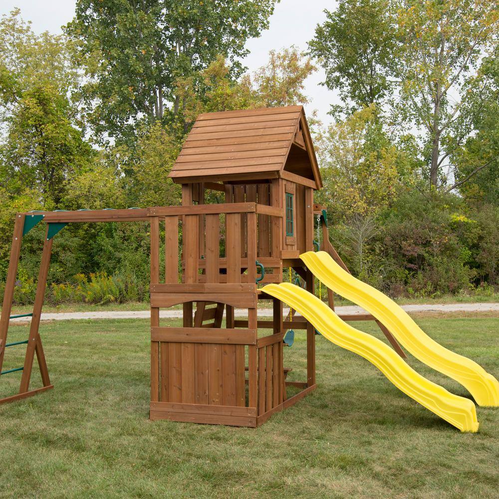 Swing-N-Slide Playsets Timberview Ready-To-Assemble Wooden Outdoor Playset with 2 Slides Monkey Bars Swings and Swing Set Accessories WS 8356